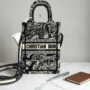 Dior Mini Book Tote Pouch Tiger Toile de Jouy Blue Multicolor NEW w Tag Strap